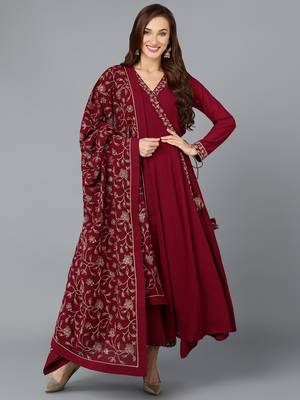 maroon color embroidered poly georgette styles kurta palazzo with dupatta 1