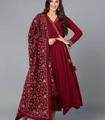 maroon color embroidered poly georgette styles kurta palazzo with dupatta