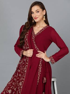 maroon color embroidered poly georgette styles kurta palazzo with dupatta 2