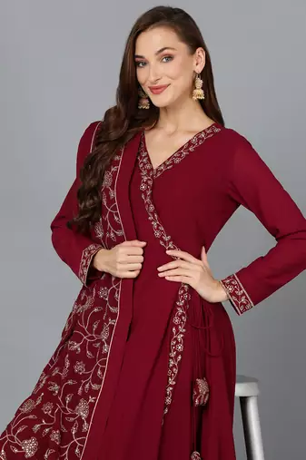 maroon color embroidered poly georgette styles kurta palazzo with dupatta