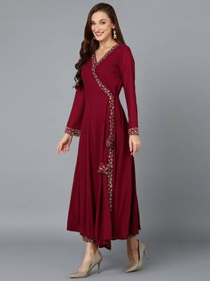 maroon color embroidered poly georgette styles kurta palazzo with dupatta 3