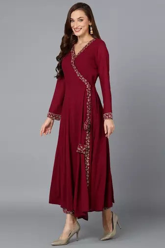 maroon color embroidered poly georgette styles kurta palazzo with dupatta
