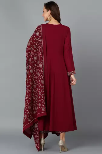 maroon color embroidered poly georgette styles kurta palazzo with dupatta