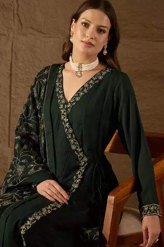 green color embroidered poly georgette styles kurta trouser with dupatta