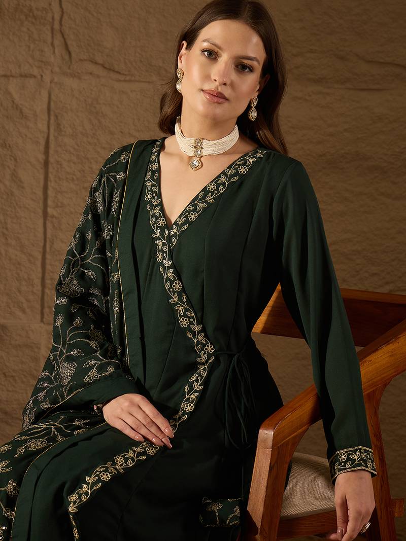 green color embroidered poly georgette styles kurta trouser with dupatta