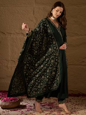 green color embroidered poly georgette styles kurta trouser with dupatta 3