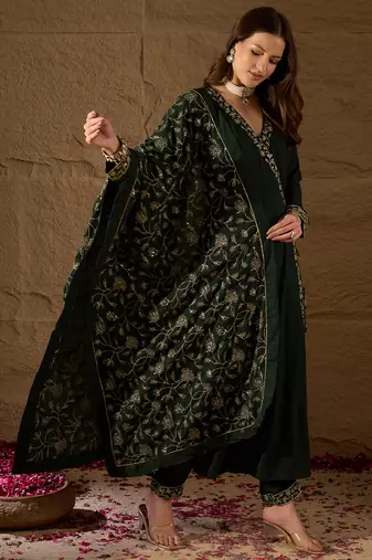 green color embroidered poly georgette styles kurta trouser with dupatta