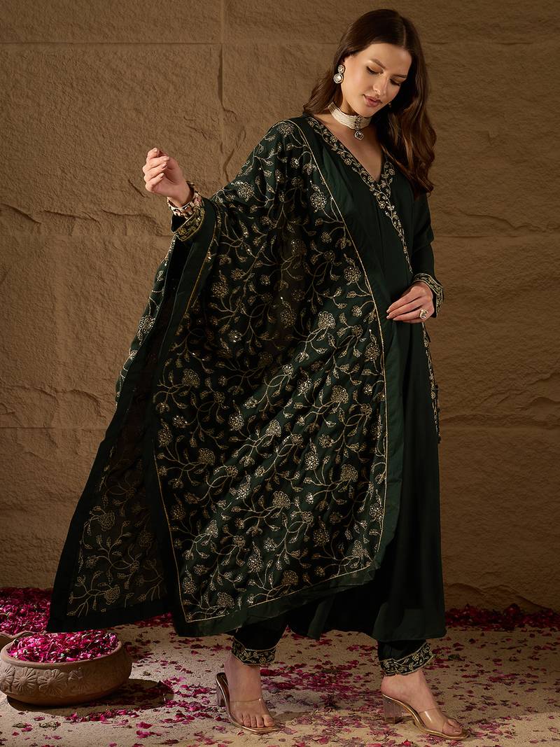 green color embroidered poly georgette styles kurta trouser with dupatta