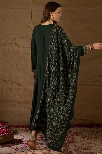 green color embroidered poly georgette styles kurta trouser with dupatta