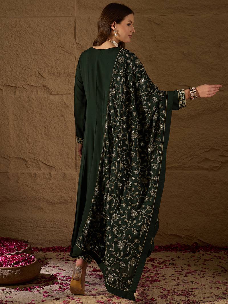 green color embroidered poly georgette styles kurta trouser with dupatta