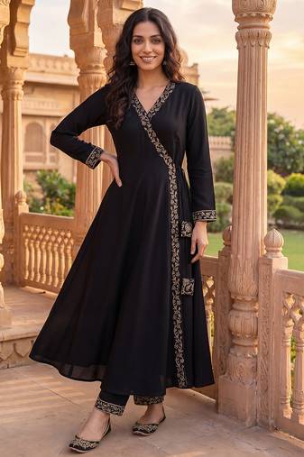 black color embroidered poly georgette styles kurta trouser with dupatta