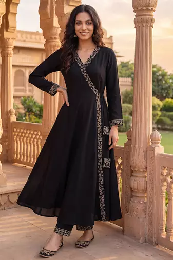 black color embroidered poly georgette styles kurta trouser with dupatta