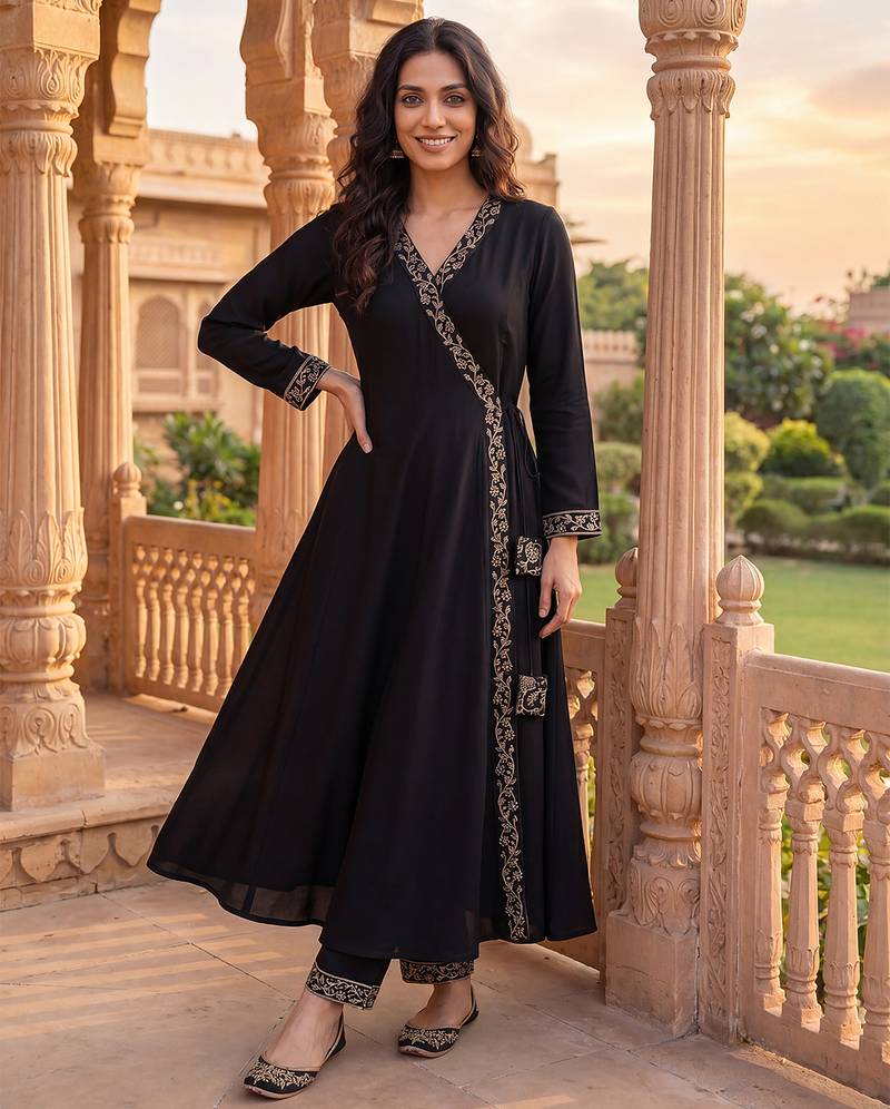 black color embroidered poly georgette styles kurta trouser with dupatta