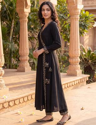 black color embroidered poly georgette styles kurta trouser with dupatta 4