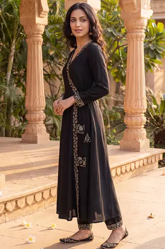 black color embroidered poly georgette styles kurta trouser with dupatta