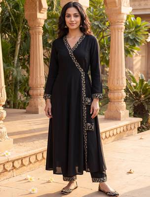 black color embroidered poly georgette styles kurta trouser with dupatta 5