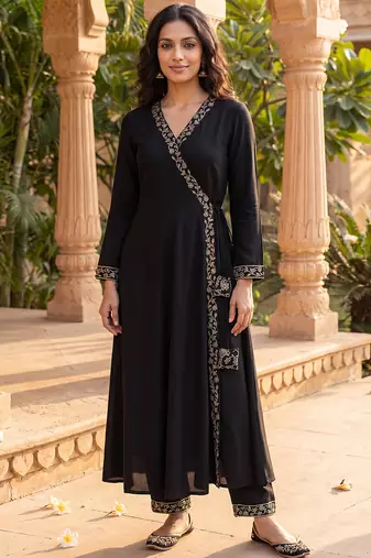 black color embroidered poly georgette styles kurta trouser with dupatta