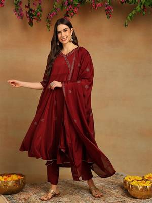 maroon color woven design silk blend styles kurta trouser with dupatta 1