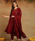 maroon color woven design silk blend styles kurta trouser with dupatta