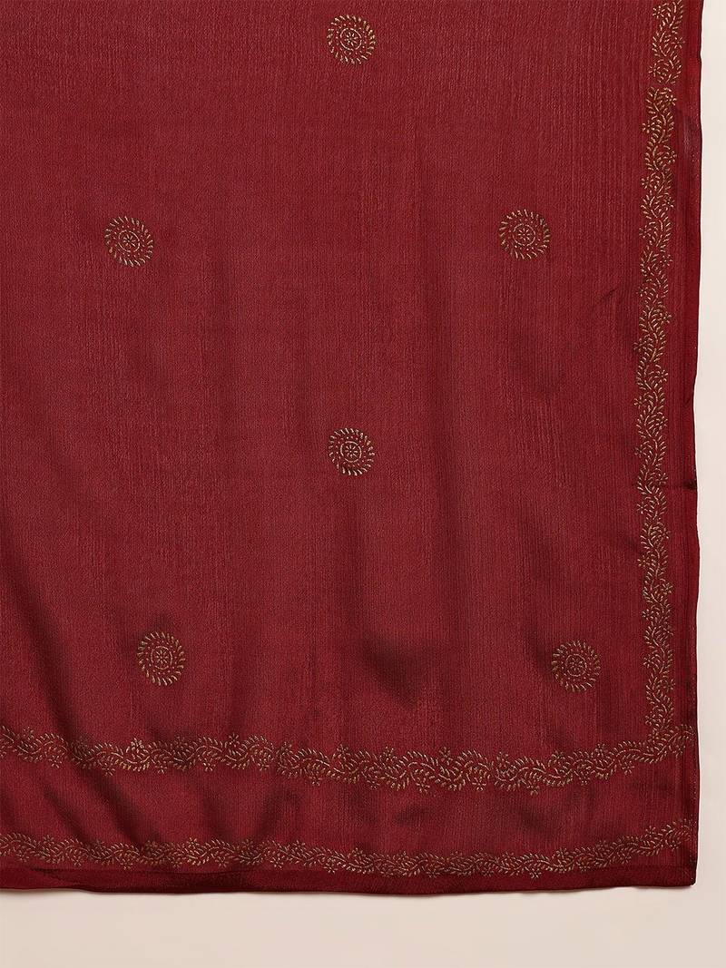 maroon color woven design silk blend styles kurta trouser with dupatta
