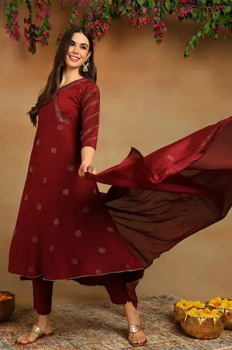 maroon color woven design silk blend styles kurta trouser with dupatta