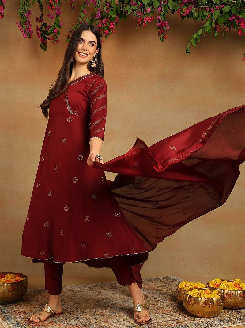 maroon color woven design silk blend styles kurta trouser with dupatta