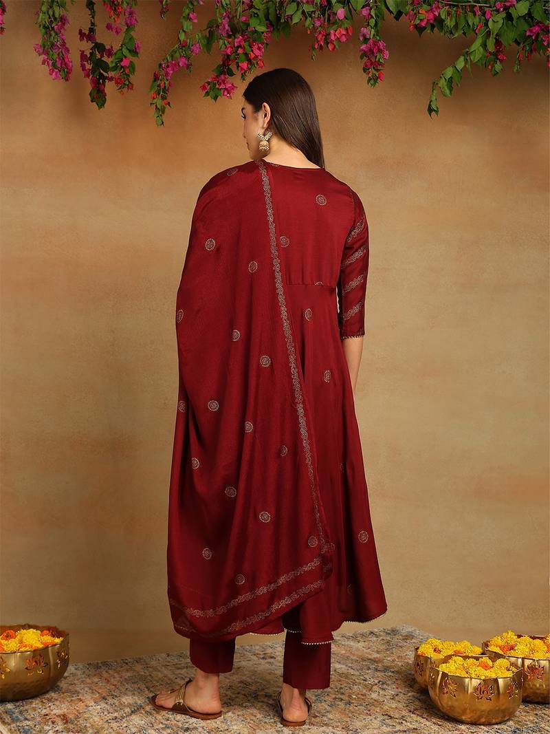 maroon color woven design silk blend styles kurta trouser with dupatta