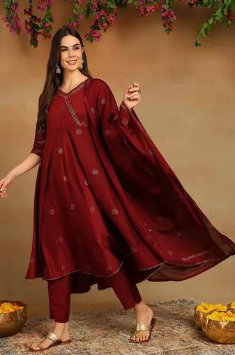 maroon color woven design silk blend styles kurta trouser with dupatta