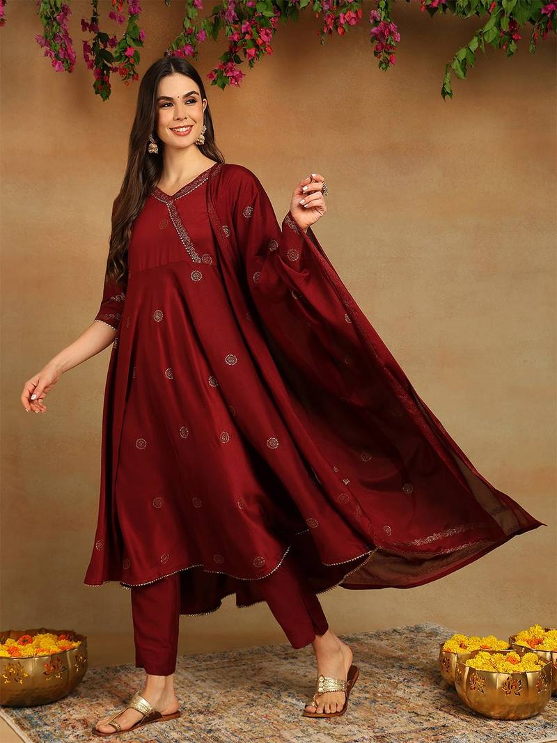maroon color woven design silk blend styles kurta trouser with dupatta