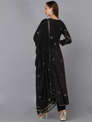 black color woven design silk blend styles kurta trouser with dupatta 4