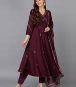 burgundy color woven design silk blend styles kurta trouser with dupatta