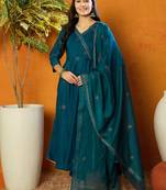 teal color woven design silk blend styles kurta trouser with dupatta