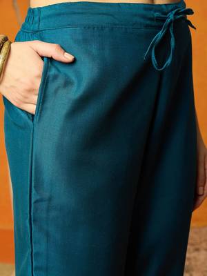 teal color woven design silk blend styles kurta trouser with dupatta 3