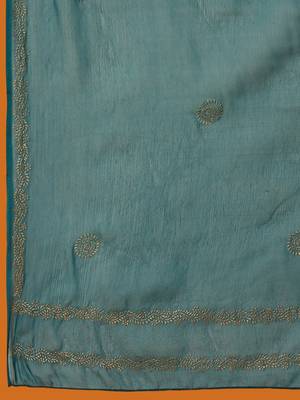 teal color woven design silk blend styles kurta trouser with dupatta 4