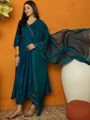 teal color woven design silk blend styles kurta trouser with dupatta 5