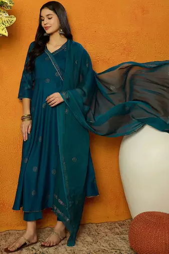 teal color woven design silk blend styles kurta trouser with dupatta