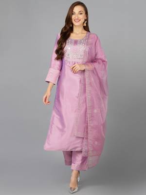 lavender color embroidered silk blend styles kurta trouser with dupatta 1