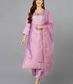 lavender color embroidered silk blend styles kurta trouser with dupatta