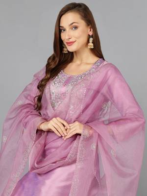 lavender color embroidered silk blend styles kurta trouser with dupatta 2