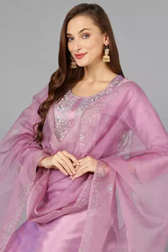 lavender color embroidered silk blend styles kurta trouser with dupatta