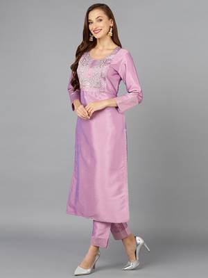 lavender color embroidered silk blend styles kurta trouser with dupatta 3