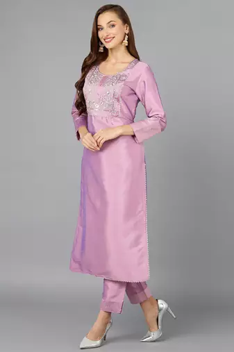 lavender color embroidered silk blend styles kurta trouser with dupatta
