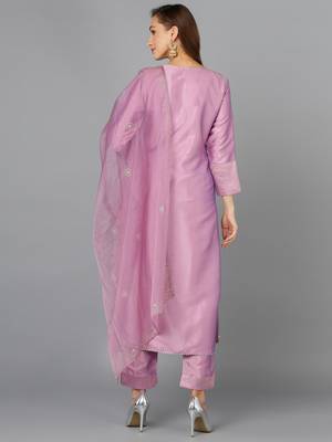 lavender color embroidered silk blend styles kurta trouser with dupatta 4