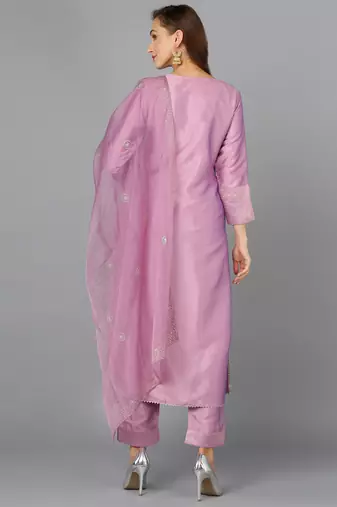 lavender color embroidered silk blend styles kurta trouser with dupatta