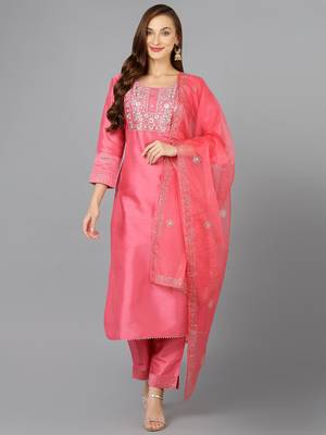 pink color embroidered silk blend styles kurta trouser with dupatta 1