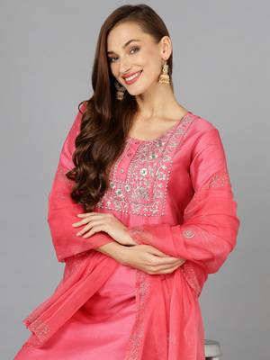 pink color embroidered silk blend styles kurta trouser with dupatta 2