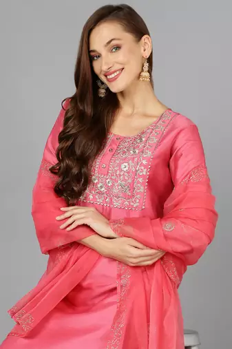 pink color embroidered silk blend styles kurta trouser with dupatta