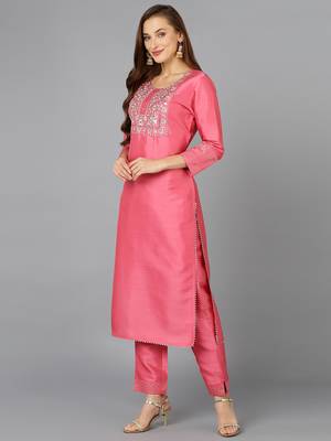 pink color embroidered silk blend styles kurta trouser with dupatta 3