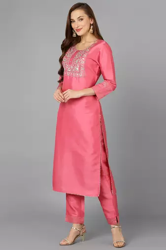 pink color embroidered silk blend styles kurta trouser with dupatta