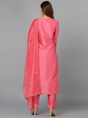 pink color embroidered silk blend styles kurta trouser with dupatta 4
